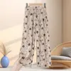 Calça Casual Longa Feminina de Verão Estampada com Cintura Elástica e Perna Larga, Solta e Emagrecimento, Versátil, Estilo Mãe, Calça de Seda Gelada