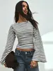 Wish Transfronterizo Amazon 2026 nueva moda para mujer: cómoda blusa/camiseta de rayas con cuello redondo, manga acampanada, efecto adelgazante, estilo europeo y americano