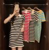 Vestido de Punto con Cuello Polo a Rayas Coreano para Mujer, Elegante, Holgado, Diseño Adelgazante, Cuello en V, Manga Corta, Vestido Corto para Verano