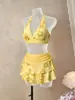 Traje de baño de dos piezas con estampado floral de verano, estilo halter, conjunto adelgazante, bikini hawaiano para vacaciones en la playa