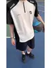 Camiseta de Estilo Jersey Americano Vintage para Hombre, Camisa Polo de Verano con Media Cremallera, Patchwork de Manga Corta, Manga Corta para Deportes al Aire Libre
