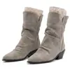 Sapatos de moda leves de comércio exterior para mulheres, botas de cano médio com bico fino, cor sólida, sem cadarço, salto quadrado, tamanho grande, botas de salto alto para mulheres