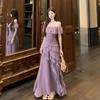 Vestido Morado de un Hombro 2025 Nuevo Verano Talla Grande mm Gorditas Efecto Adelgazante Francés Alta Gama Falda Larga Fruncida