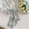 Meias femininas finas de cano médio para primavera e outono, estilo bailarina com laço Miu, meias de renda com abertura frontal em estilo japonês.