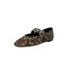 Sapatos Femininos de Couro Genuíno Pelo de Cavalo Estampa de Leopardo Solteiro 2025 Primavera/Verão Bico Quadrado Raso Mary Jane