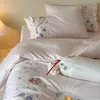 Suave juego de ropa de cama de cuatro piezas estilo princesa con encaje, algodón 100% de fibra larga, juego de funda de edredón de algodón puro