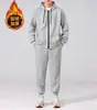 Conjunto esportivo de moletom com zíper e capuz, forrado com fleece, espesso, e calça jogger, novidade outono e inverno para homens, algodão