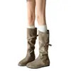 Botas Vaqueras de Cuero Genuino de Caña Alta con Tacón Oculto Arrugadas Apiladas para Mujer 2026 Nuevas Botas Largas de Otoño Invierno Botas de Jinete Botas Adelgazantes