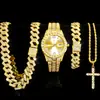 Conjunto de Quatro Peças de Relógio de Pulso de Quartzo com Mostrador Romano Totalmente Cravejado de Diamantes Hip-Hop Europeu e Americano, Colar Cubano Cravejado de Diamantes, Corrente de Cruz, Corrente Trançada