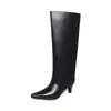 Botas de Caballero de Primera Capa de Piel de Vaca Botas Altas para Mujer Invierno Nuevo Punta Cuadrada Botas de Tacón de Aguja Botas sin Cierre Hasta la Rodilla Botas de Caña Recta para Mujer
