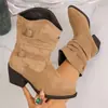 Hebilla de Cinturón Tacón Medio Tacón Grueso Botas Altas Estilo Delgado 2025 Nuevo Otoño Botas Adelgazantes Doble Gamuza Marrón Botas Individuales Botas Largas Mujer