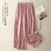 Calça Feminina de Verão Nova Bordada Cropped de Algodão e Cânhamo Perna Larga Harlan Artística Retrô Solta Casual