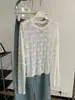 Camiseta jacquard de renda com efeito bolha de manga longa para mulheres, estilo retrô francês elegante em camadas com gola redonda, Outono 2026