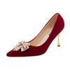 Zapatos de boda tacón de aguja punta lazo de pedrería gamuza tacones altos 2023 primavera nuevo estilo coreano zapatos de boda chinos para mujer