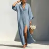 Vestido feminino de comércio exterior europeu e americano 2026, estilo casual e descontraído, com mangas morcego, modelagem solta e fenda, estilo de férias