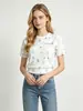 Top de punto de manga corta con estampado Primavera Verano para mujer Cuello redondo Estampado corto Capa base de seda helada Top de fábrica de origen Venta al por mayor