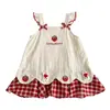 Vestido con Peto Dulce Bordado de Fresas para Niñas, Nuevo Estilo, con Puntadas a Cuadros Rojos y Blancos y Lazo, Lindo Vestido de Verano