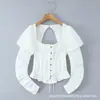 2026 Nova Moda Casual Elegante Vietnamita de Nicho Estilo Francês Camisa Top Quadrada com Gola Ruffle e Manga Longa