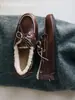 Versão em Couro de Vaca ~ Novos Mocassins com Cadarços, Cor Retro Polida, Forro de Lã Envelhecida, Solado Plano, Macio e Confortável para Caminhar