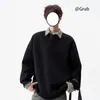 Moletom Patchwork de Lapela Falso Duas Peças Estilo Americano para Homens, Marca Tendência, Novo Top de Manga Longa Polo Solto para Casal Primavera e Outono