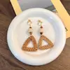 Pendientes Redondos de Ratán Geométricos Exagerados Retro para Oreja Larga de Vacaciones con Costuras de Madera, Pendientes de Clip para Oreja de Bambú y Ratán