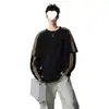 Marca de Moda Americana Camiseta Retro de Manga Larga con Tres Rayas Diseño con Sentido de la Moda para Hombre Falso Dos Piezas Holgada Casual Superior Moda Masculina