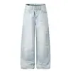 Jeans Ice Blue Lavados Vintage con Bigotes Estilo Streetwear Americano para Hombres y Mujeres, Nuevos Pantalones Versátiles de Verano Holgados de Largo Completo