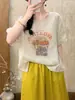 Camiseta de Lino Estampada Estilo Vintage Nueva para Mujer, Corte Holgado, Tallas Grandes, Top Favorecedor y Versátil Venta al por Mayor