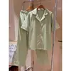 Pijama simple y fresco de algodón y seda verde para mujer, nuevo estilo de verano, talla grande, corte holgado, manga corta, pantalón largo, cómodo conjunto de dos piezas para casa