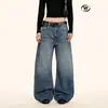 Calça Jeans Scimitar Yongfang Estilo Retrô Americano Azul Lavado para Homens e Mulheres, Modelagem Solta, Desgastada com Bigodes, Silhueta Tendência Desbotada Calça de Perna Larga