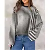Camiseta Rayada de Manga Larga de Algodón con Cuello Redondo Holgada, Contraste de Color Transfronterizo Europeo y Americano, Nueva para Mujer 2025