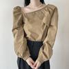 Chique Coreano Outono Retrô Estilo Ocidental Decote Assimétrico Design Plissado Manga Bufante Casual Solta Camisa para Mulheres