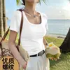 Top Feminino da Moda Respirável com Costela Gola Quadrada Manga Curta Cor Sólida Clássico Estilo Hong Kong para um Look Jovem