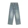 Jeans Rectos con Pliegues de Cintura Alta, Lavado Antiguo con Pintura de Puntos y Graffiti, para Hombre y Mujer, Pantalones Casuales Holgados