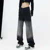 Jeans de Tencel con Gradiente Negro de Figura de Pera para Chicas Gordas mm Pantalones de Cintura Alta Rectos Ajustados de Pierna Ancha