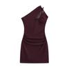 Vestido Puro Lujurioso Sexy de Hombro Inclinado con Encaje Empalmado Ladylike Cintura Adelgazante Cintura Plisada Falda Corta Ajustada a las Caderas