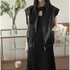 Jaqueta colete feminina de couro PU sem mangas com zíper e gola redonda, estilo vintage, outono, de alta qualidade, de Dongdaemun, Coreia