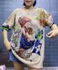 Camisa Tricotada Estampada com Strass, Manga Curta, Estilo Western, Fina, Solta, Moda Verão, Feita na Europa, Camiseta Top Solta Plus Size Feminino