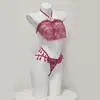 Conjunto Sexy Rojo Nuevo Estilo Chino Bordado Faja, Tres Piezas Transparente Revelador de Pecho Seductor Encaje Lencería 2765