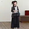 Conjunto casual de duas peças novo para meninas para o outono: top de manga comprida com barra de renda e culottes jeans com design de perna larga