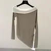 Blusa de Tricô Assimétrica com Blocos de Cor Inspirada no Design Jianhe para Mulheres, Temporada de Primavera, Blusa Irregular de Liocel Slim-Fit 88266
