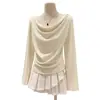 Camiseta Base de Manga Larga Estilo Puro Deseo con Cuello Francés Drapeado Color Albaricoque para Mujer Otoño Temprano Ajuste Delgado Hombros Descubiertos Ropa Interior Top de un Hombro