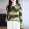 Cardigan de Lana de Punto Fino con Cuello Redondo a Rayas de Bloques de Color Retro Estilo Coreano Otoño/Invierno 2026 para Mujer, Suéter Delgado de Manga Larga