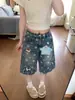 Chao Li tiene en stock jeans cropped de retazos con estampado de estrellas para mujer, diseño de verano, pantalones anchos de pierna ancha, holgados y estilizados, de longitud media