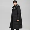 Chamarra de plumas unisex para invierno, hecha con plumas de pato blanco, engrosada, hasta la rodilla, estilo largo, casual, con capucha, nuevo abrigo cálido para pareja