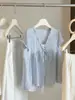 Camisa Feminina Renda Estilo Coreano Falsa Duas Peças Manga Curta Decote V, Blusa Patchwork Estilosa, Babydoll Casual Elegante