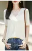 Cárdigan de punto V-neck de manga corta, ligero y de estilo simple para mujer, estilo fino de verano, seda de hielo y lino, cómodo, transpirable, top tipo camiseta elegante
