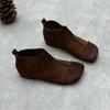Botas cortas de piel auténtica hechas a mano para otoño e invierno, nuevas botas artísticas retro con punta cuadrada para mujer, suela plana y parte superior combinable de piel de vaca.