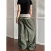 Calça cargo retrô de personalidade coreana com cordão na cintura reversível para mulheres, calça casual de perna reta com design único