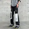 Jeans High Street Estilo Americano Masculino Casual Costura Preta e Branca Senso de Design de Nicho Calças Rasgadas Casuais Retas